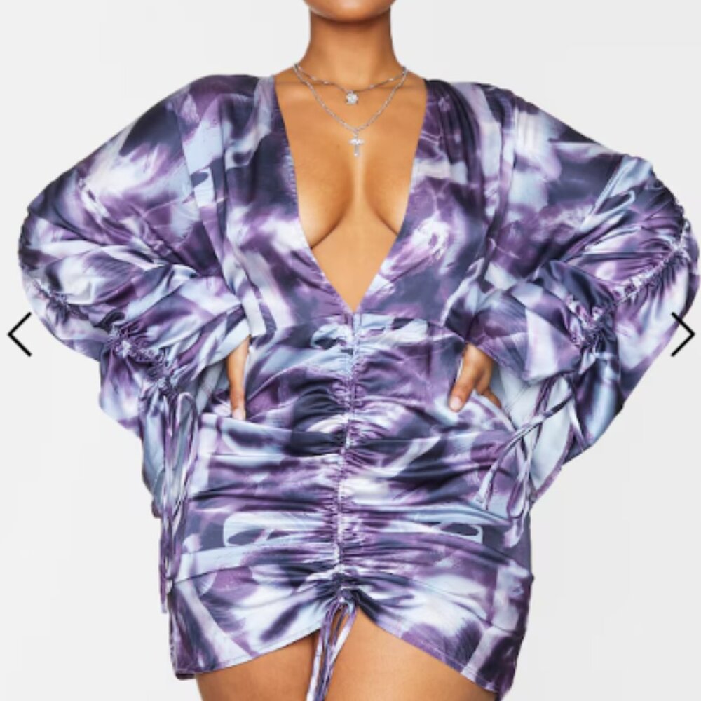 Plus Purple Tie Dye Satin Plunge Runched Front Dress